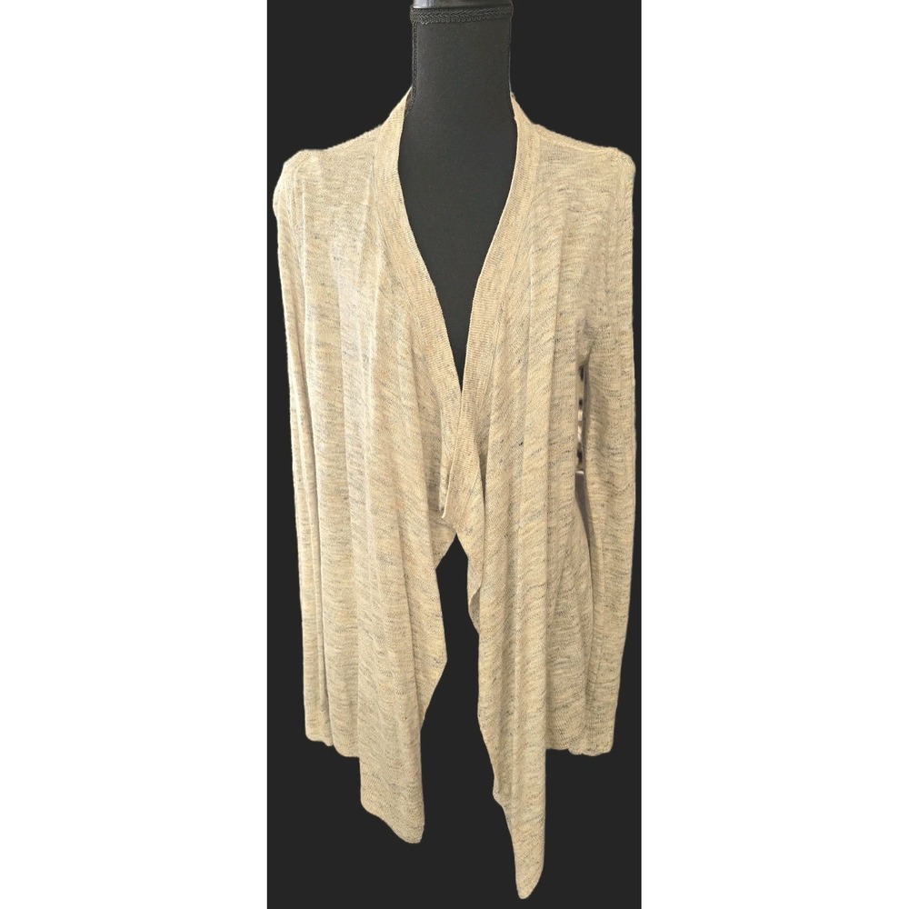 Loft Cardigan Women's Large Beige Knit Stretch Asymmetrical Long‎ Sleeve Sweater